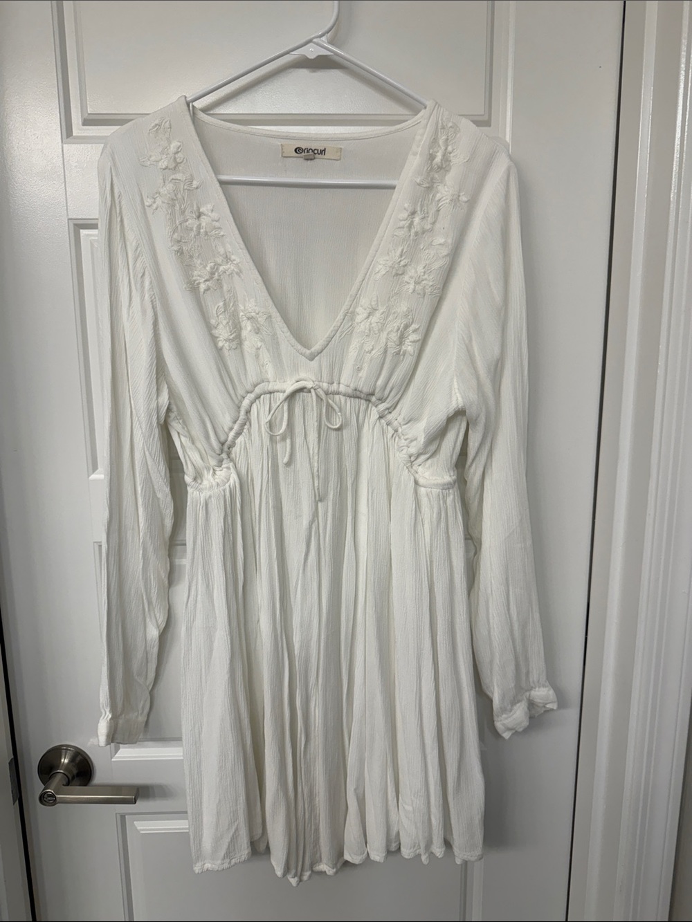 rip curl Cotton Voile White Embroidered V-Neck Dress